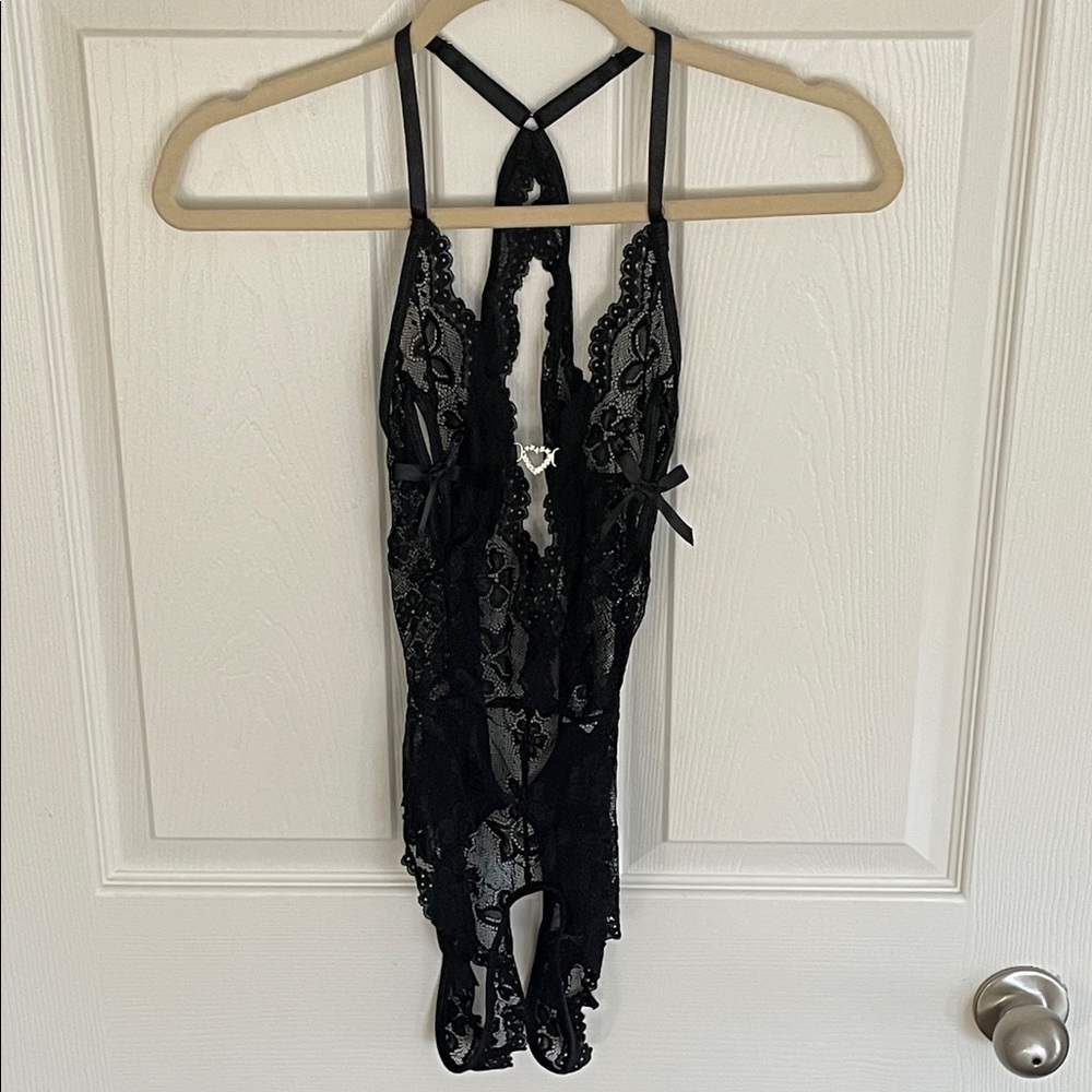 New Black Lace Halter Bodysuit lingerie small